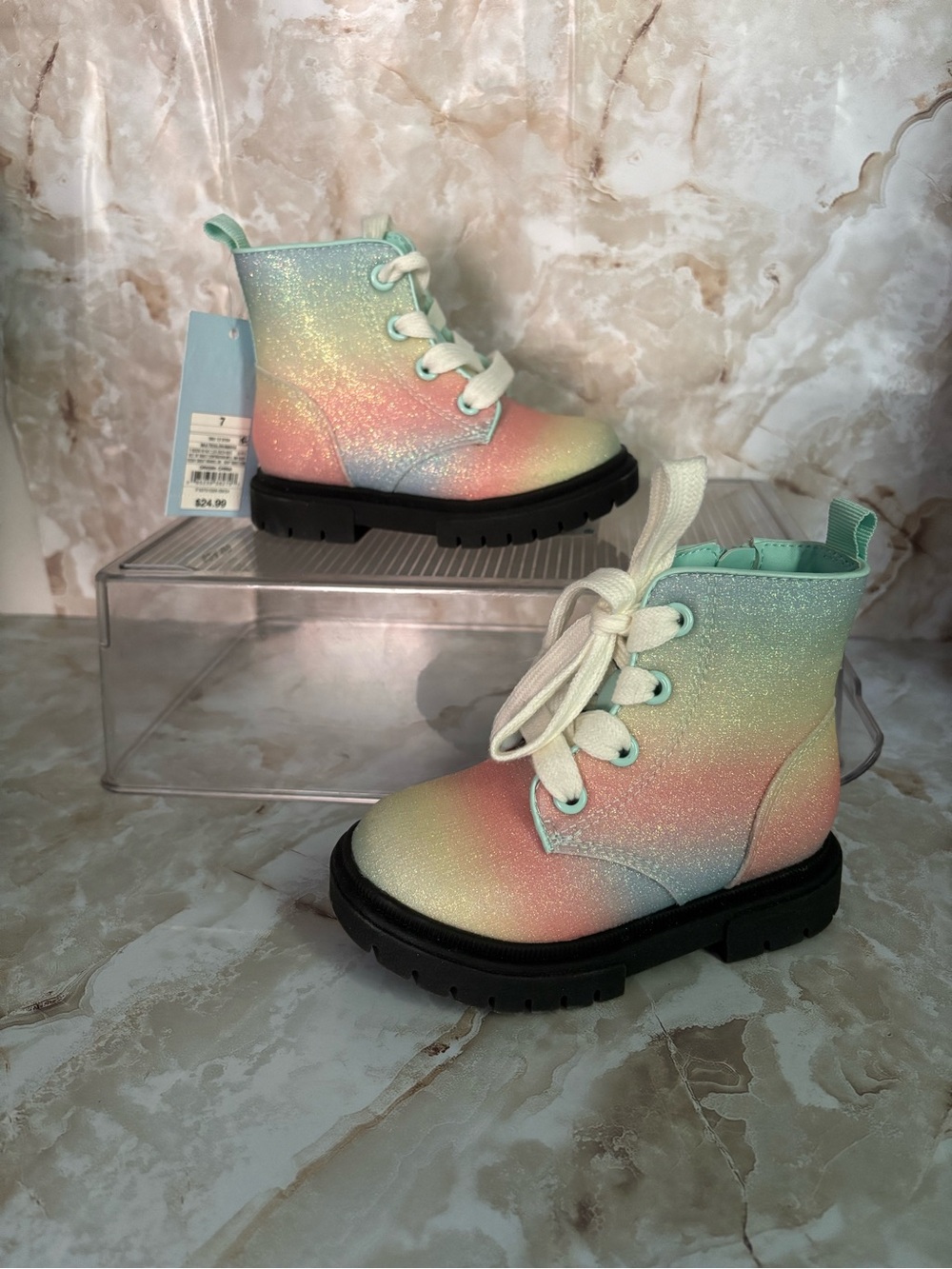 Cat & Jack Pastel Rainbow Glitter Lace-Up Kids Boots